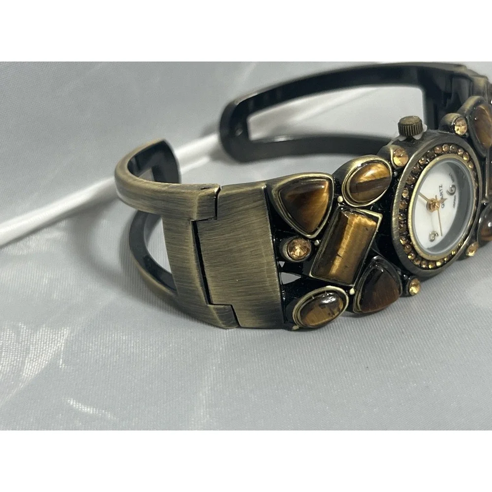 Fashion Cuff Bangle Watch Bronze Tone Tiger's Eye Stone Quartz Movement Untested